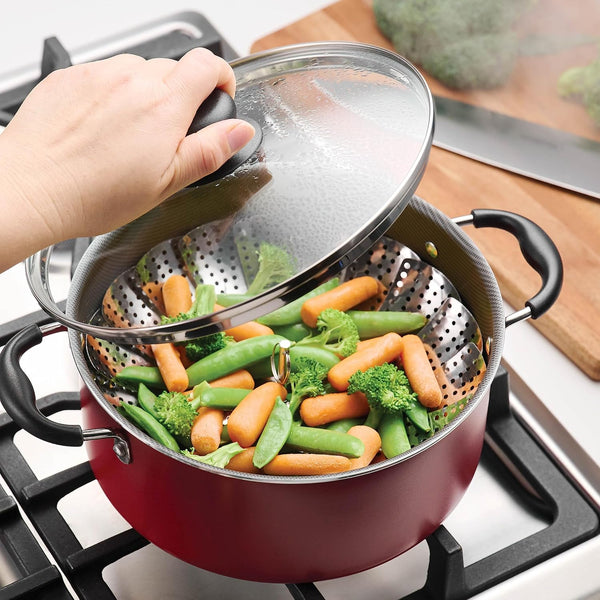 18 Piece Nonstick Cookware Set - Red - Aluminum Construction, Dishwasher Safe, Compatible with Gas, Electric, Ceramic Cooktops - Includes Sauté Pans, Griddle, Dutch Oven, Cooking Utensils5