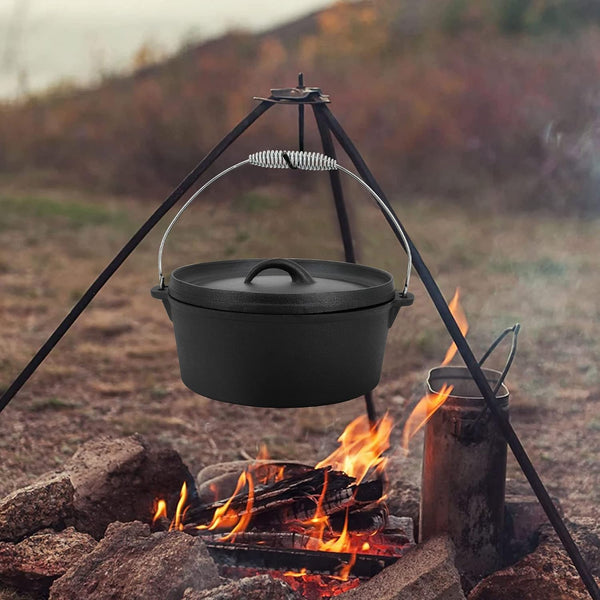 8 Piece Pre-Seasoned Dutch Oven Cooking Set Cast Iron Camping Kitchen Cookware Bakeware Skillets & Square Grill Pan W/Vintage Carrying Wood Box for Ourdoor Home BBQ Baking8