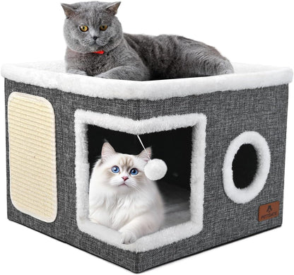Cat Beds for Indoor Cats, Large Cat Cave Bed with Scratch Pad and Fluffy Ball, Foldable Cat Hideaway, Cat House with Reversible Cushion for Multi Small Pet up to 30LBS, Grey1
