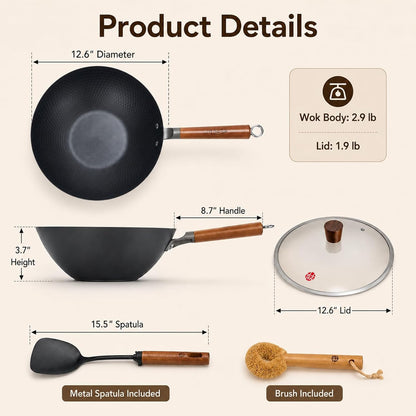 Lightweight Carbon Steel Wok Pan with Lid, 12.6" Flat Bottom Stir Fry Wok for Induction, Electric & Gas Stoves, 2.9 Lb Wok Body, Pre-Seasoned Nitrided Wok, No Chemical Coating7