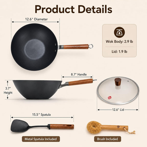 Lightweight Carbon Steel Wok Pan with Lid, 12.6" Flat Bottom Stir Fry Wok for Induction, Electric & Gas Stoves, 2.9 Lb Wok Body, Pre-Seasoned Nitrided Wok, No Chemical Coating7