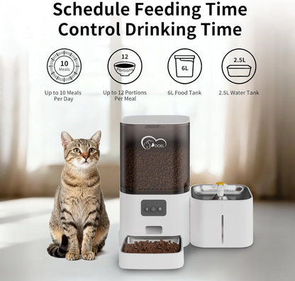 DOEL 5G&2.4G Wifi Automatic Cat Feeder and Water Fountain, 6L/24 Cups Timed Dry Food Dispenser for 2.5 Weeks, with APP Remote Control, Voice, for Small Medium Dog Puppy Kitten (White)3