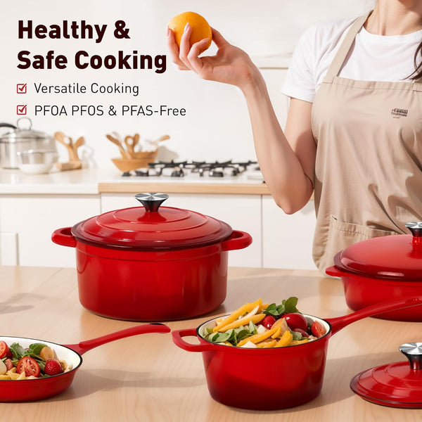 Enameled Cast Iron Cookware Set, 7 Piece Induction Dutch Oven Set with Lid, Red Pots and Pans Set Nonstick, PFOA&PFAS Free8