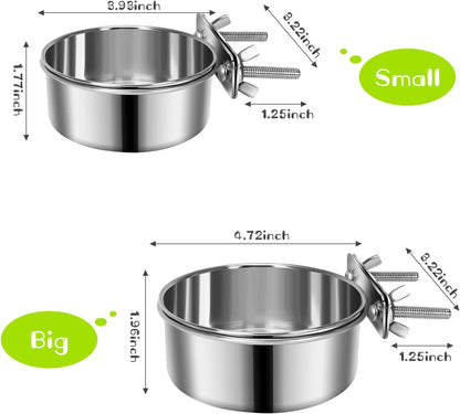2 Pcs Small Pet Dog Food Water Bowl for Cage Stainless Steel Non-Spill Kennel Hanging Cats Pets Bowls with Clamp Holder Crate Feeder Dish for Small Dogs Pets (4.7X1.9'' & 3.9X1.7'')2