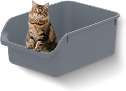 Large Cat Litter Box with High Sides,Durable Open Top Cat Litter Pan for Kitty,Plastic Indoor Big Cat Box with High Wall,Senior Cat Toilet with Low Entry,Easy to Clean,Anti-Splashing(Grey)1
