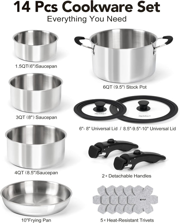14Pcs Tri-Ply Stainless Steel Cookware Set with Detachable Handles, Stackable Pots and Pans Set for Rvs, Small Kitchens & Apartments, Induction Compatible, Oven Safe, No Coating & No PFAS8