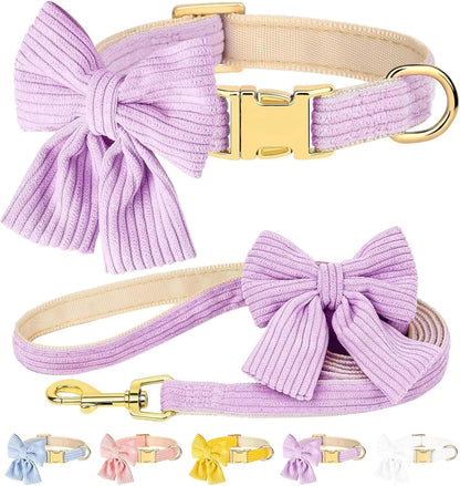 Dog Collar and Leash Set with Bowtie, Soft & Cute Puppy Collar, Cotton Puppy Collar with Adjustable Metal Buckle for Small, Medium Dog (Pink, Size S: Neck 10"-16")10