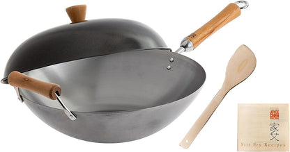 JOYCE CHEN Classic Series 14-Inch Uncoated Carbon Steel Wok Set with Lid and Birch Handles, 4 Pieces1