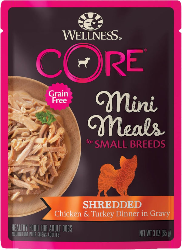 Wellness CORE Small Breed Mini Meals Shredded in Gravy Adult Wet Dog Food, Grain Free, Natural, Chicken and Turkey Dinner Recipe, 3 Oz, Pack of 12 Pouches1