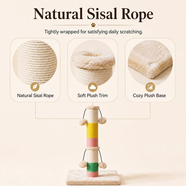 30 Inch High Cat Scratching Post with 4 Plush Teasing Toy Balls, Natural Sisal Rope Post and Thickened Base, Red Green Yellow White4