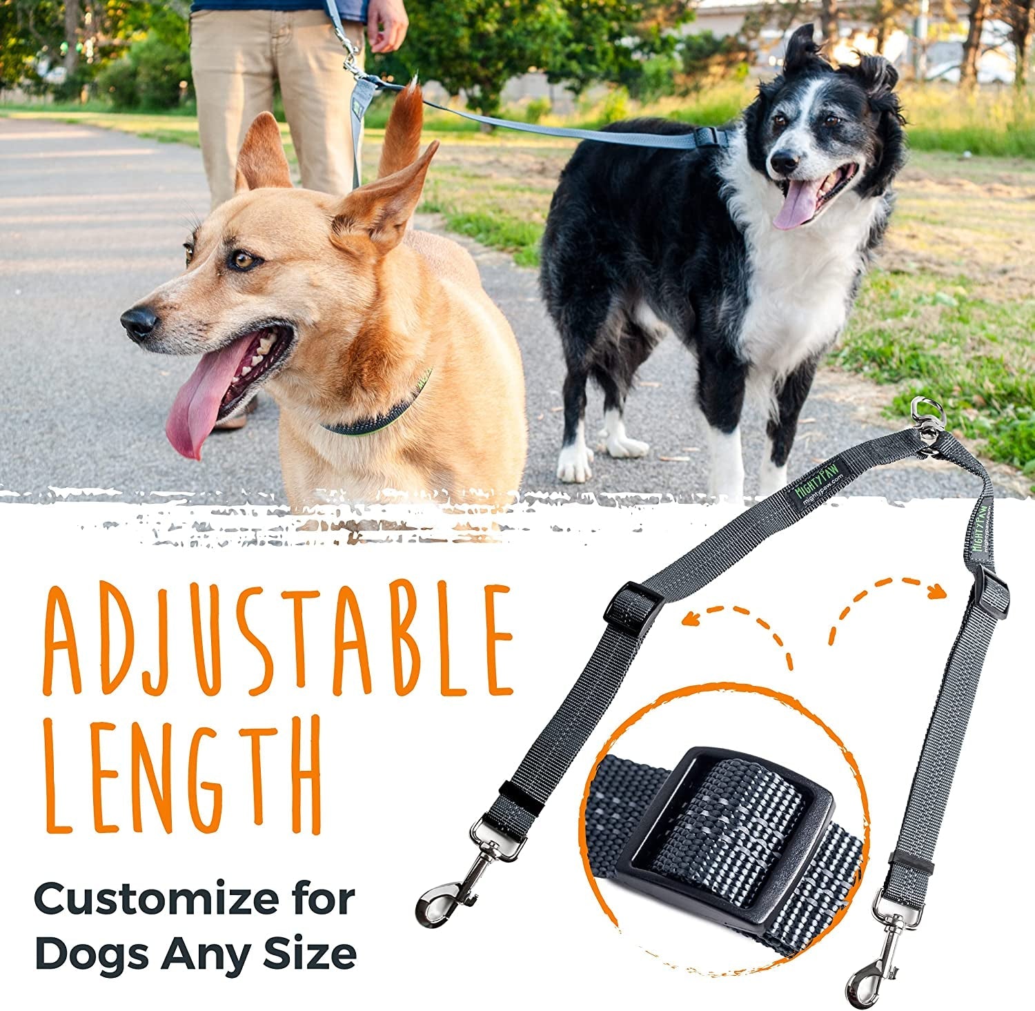 mighty-paw-double-dog-leash-no-tangle-adjustable-split-lead-for-two-dogs-fits-0-100-lb-16-24-in-range-reflective-stitching-waterproof-neoprene-padded-handle