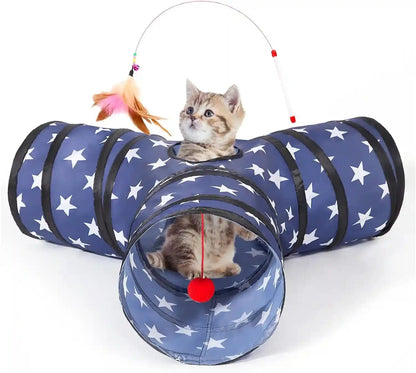 Tempcore Pet Cat Tunnel Tube Toys 3 Way Collapsible, Tunnels for Indoor Cats, Interactive Tube with Teaser Wand, Peek Holes & Hanging Ball, Black & Blue12