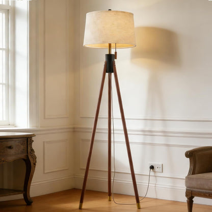 Mid Century Tripod Floor Lamp with Pull Chain,Black & Gold Finish | Two-Tone Solid Wood Design,Linen Tapered Drum Shade,Tall Standing Lamp for Living Room,Bedroom & Reading Corner,Bulb Included1