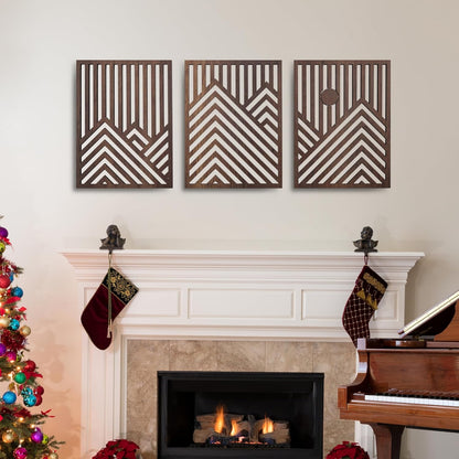 Modern Wooden Wall Sculptures - Set of 3 - Home Decor Accent - Large Wall Art for Living Room, Bedroom, Office - Easy Installation (Walnut, Medium - Mountain and Sun)5