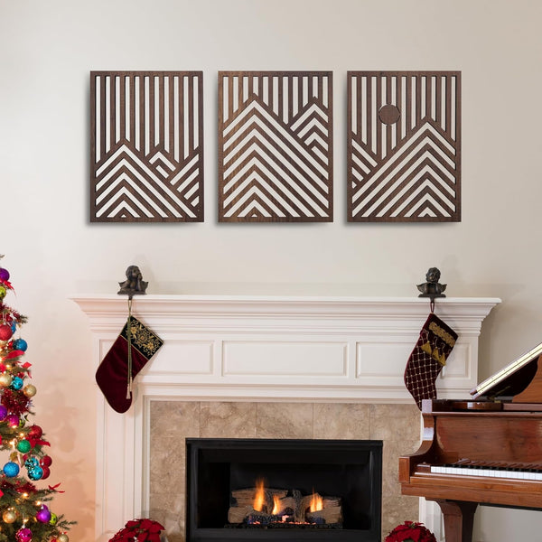 Modern Wooden Wall Sculptures - Set of 3 - Home Decor Accent - Large Wall Art for Living Room, Bedroom, Office - Easy Installation (Walnut, Medium - Mountain and Sun)5