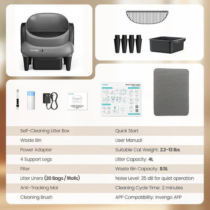 Invengo Automatic Self-Cleaning Cat Litter Box, Open Top Design with Safety Sensors and Anti-Pinch Protection, Smart Automatic Litter Box for Small & Medium Cats and Multi-Cat Homes, Charcoal Grey9