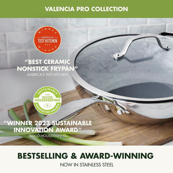 Valencia Pro Tri-Ply Stainless Steel 12” Wok with Lid, Pfas-Free Ceramic Nonstick Coating, Induction Ready Cookware, All Cooktops, Dishwasher & Oven Safe to 600F4