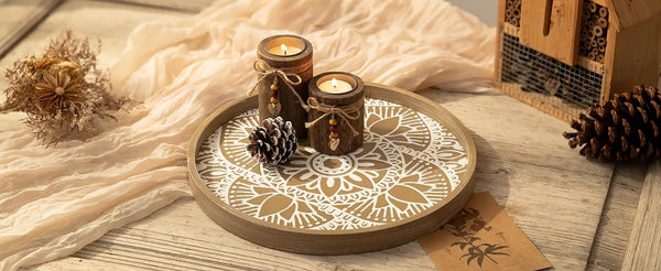 round Boho Decorative Tray for Coffee Table, Vintage Mandala Pattern | 11.8" Mid-Century Modern Farmhouse Decor for Living Room Kitchen Dining Table Centerpieces7