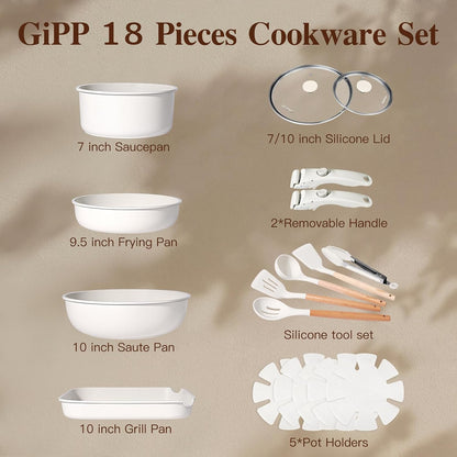18PCS Pots and Pans Set Cookware Set with Detachable Handle | Non Stick,Non Toxic, PFOA Free, Dishwasher ＆Oven Safe, All Stoves Are Compatible, White2