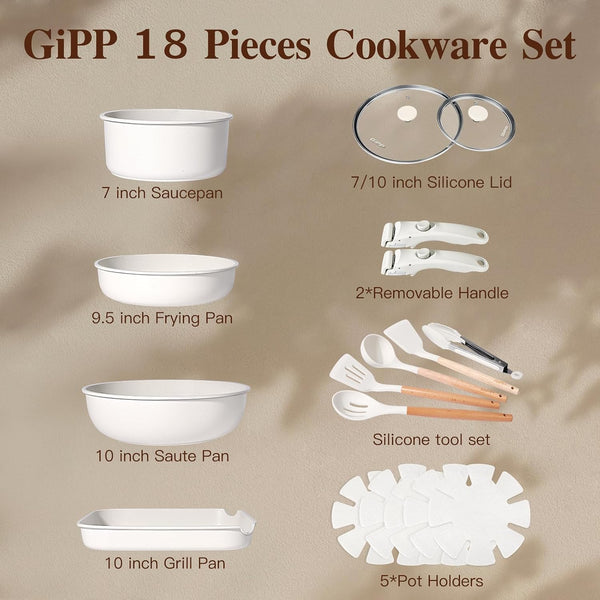 18PCS Pots and Pans Set Cookware Set with Detachable Handle | Non Stick,Non Toxic, PFOA Free, Dishwasher ＆Oven Safe, All Stoves Are Compatible, White2