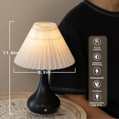Pleated Cordless Table Lamp, 1800Mah Powered Rechargeable Lamp | Battery Operated Dimmable Lamp Wireless, Replaceable LED Bulb, Linen Shade, for Kitchen Bedside Tabletop, Metal Base White4