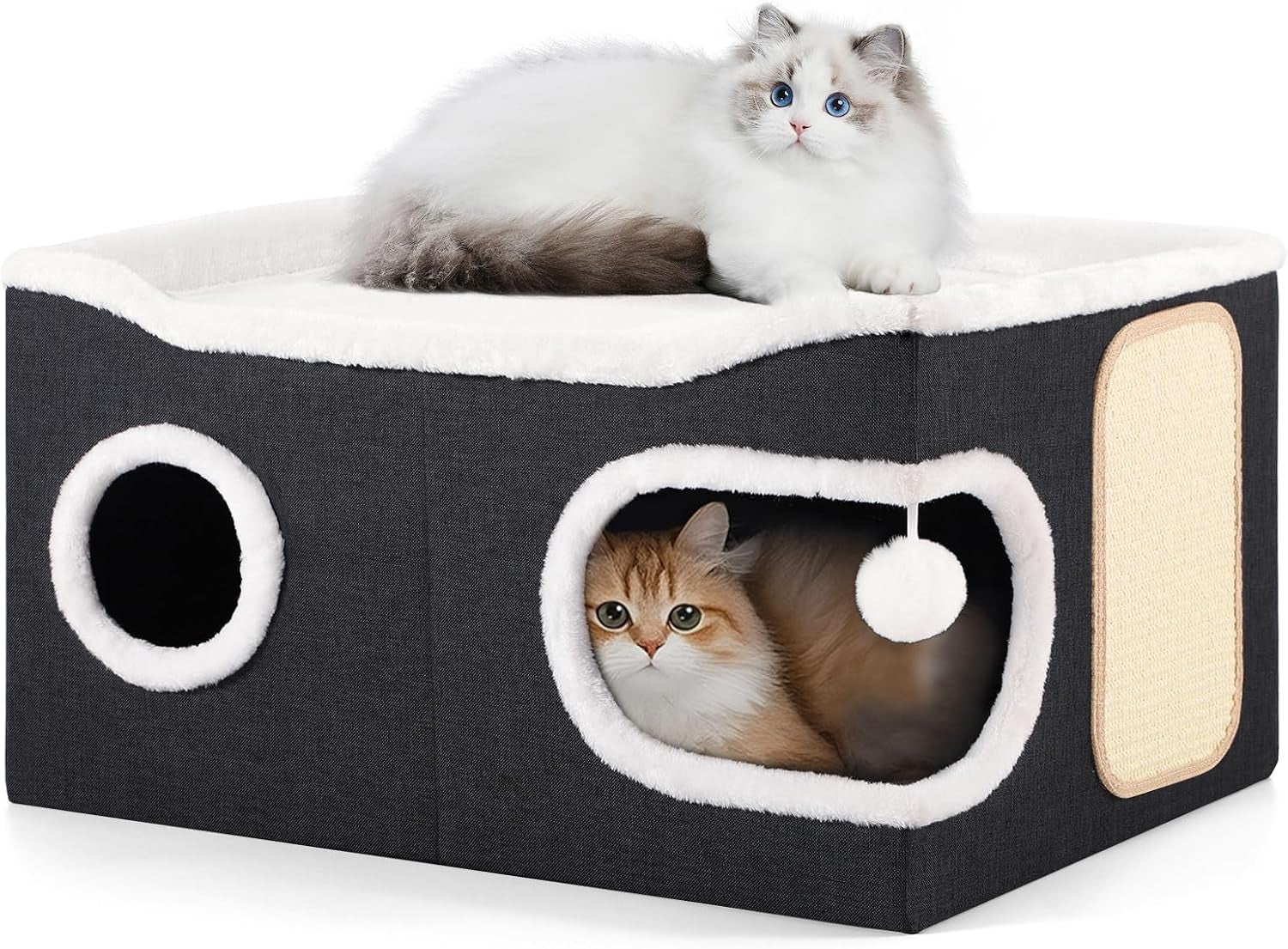 shikha-cat-house-bed-for-indoor-cats-with-fluffy-ball-and-scratch-pad-grey-foldable-large-cat-cave-hideaway-with-cozy-condo-hide-and-seek-window-holds-up-to-30lbs-all-season-reversible-cushion