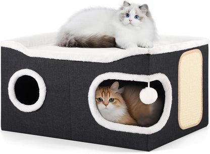 Shikha Cat House Bed for Indoor Cats with Fluffy Ball and Scratch Pad Grey | Foldable Large Cat Cave Hideaway with Cozy Condo, Hide and Seek Window, Holds up to 30LBS, All Season Reversible Cushion12