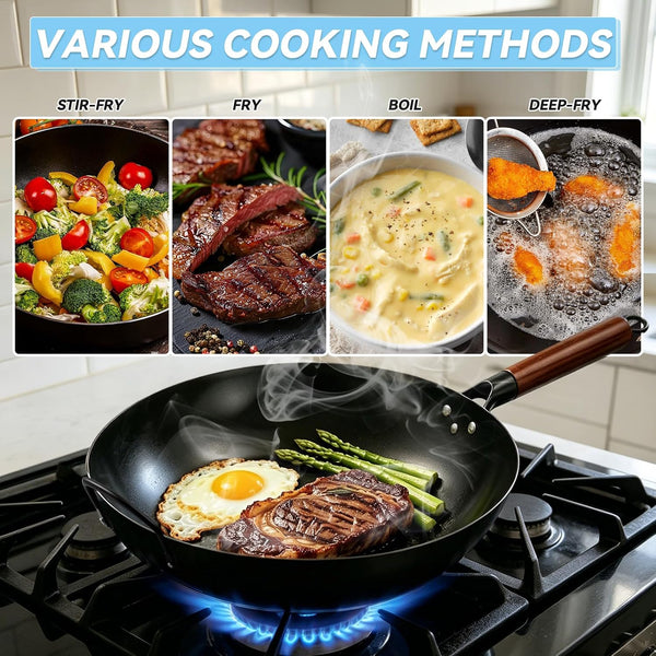 13-Inch Carbon Steel Wok Pan with Glass Lid Pre-Seasoned Flat Bottom Woks & Stir-Fry Pans Nonstick with Wooden and Steel Helper Handle Compatible with Induction, Gas, Electric, Open Fire2