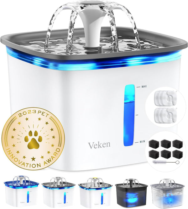 Veken Innovation Award Winner 95Oz/2.8L Cat Water Fountain | Automatic Pet Fountain Dog Water Dispenser with Replacement Filters & Silicone Mat, Gift for Cats, Dogs, Multiple Pets (Grey)10