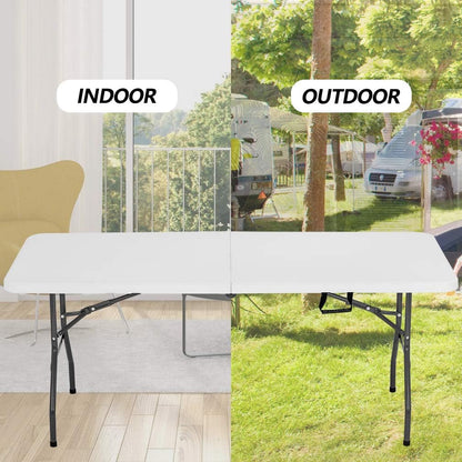 | 6FT Folding Table | White | Portable Plastic Table | with Carry Handle | Waterproof & Foldable Table Design | Steel Frame with Lock | for Events, Camping, Indoor & Outdoor Use6