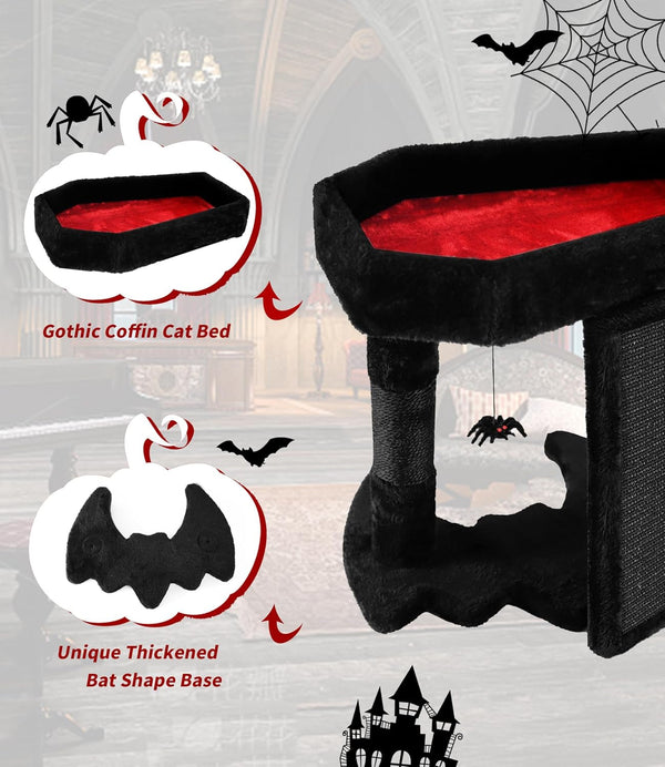 Gothic Cat Tree Tower with Coffin Bed for Indoor Cats, Black | Halloween Scratching Post｜ Spooky Sisal Scratcher｜Goth Cat Trees｜Interactive Spider Toys｜Activity Kitty Play Center7