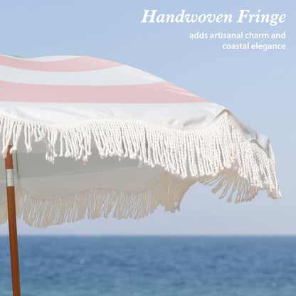 Boho Fringe Umbrella, 6.5Ft Outdoor Umbrella with Tassel | Boho Chic Style, UPF 50+ Sun Protection, Steel Pole, Push Button Tilt, Easy to Set Up, for Party Picnic Beach, Green Stripe3