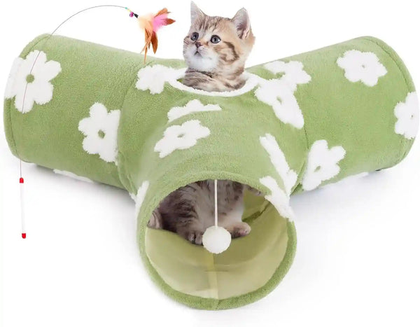 Tempcore Pet Cat Tunnel Tube Toys 3 Way Collapsible, Tunnels for Indoor Cats, Interactive Tube with Teaser Wand, Peek Holes & Hanging Ball, Black & Blue16