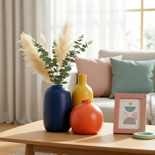 Colorful Ceramic Vase Set, Small Burnt Orange Blue Yellow Vases Home Decor,Fall Décor Modern Farmhouse Vases for Home Decor, Organic Decor Accents for Living Room, Table, Shelf, Entryway, Set of 34