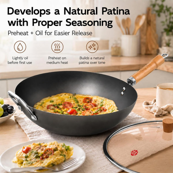 13.4 Inch Carbon Steel Wok Pan with Glass Lid, Flat Bottom Chinese Stir Fry Wok for Induction, Gas and Electric Stoves, Uncoated Iron Wok for Stir Frying, Sautéing and Deep Frying5