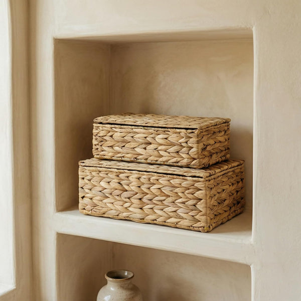 Decorative Storage Boxes with Lids - Set of 2 Wicker Organizer Bins | Beautiful Rattan Design for Shelves and Home Decor - Safely Store Photos, Documents and Memory Box Keepsakes in Style4