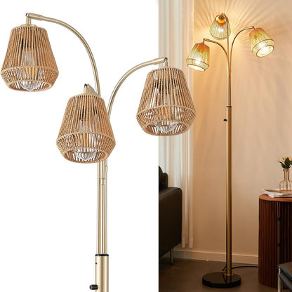 Gold Rattan Floor Lamp for Living Room, 72'' 3-Light Boho Lamp | Heavy Natural Marble Base, 1/2/3-Light Rotary Switch, Wicker Shades for Reading Corners Bedrooms1