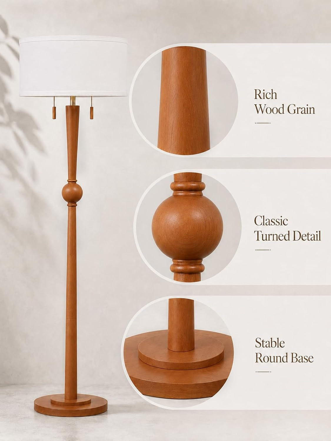 solid-wood-floor-lamp-for-living-room-pull-chains-standing-lamp-62-8-tall-17-white-drum-shade-sculptural-wood-base-stem-2-light-design-standing-lamp-for-bedroom-2-bulbs-included
