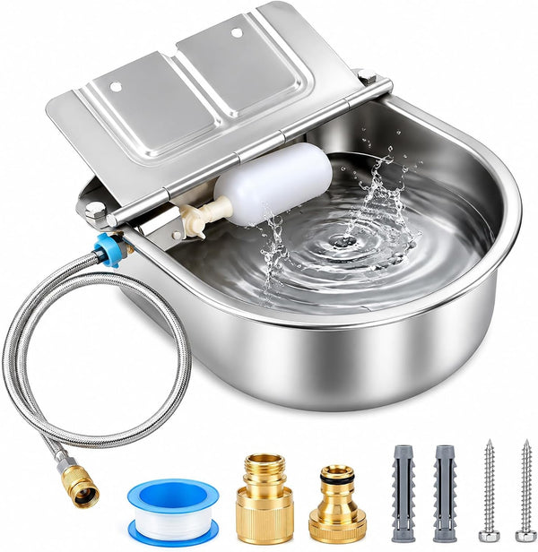 BWOGUE Automatic Water Dispenser for Dogs,1Gal Outdoor Automatic Water Bowl | Outdoor Dog Water Dispenser with Float Valve, Stainless Steel Bowl, 1/2 in & 3/4 in Faucet Fit, Wall/Ground Use,Dogs,Chickens1