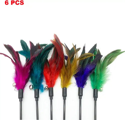 Cat Wand Toy Feather Stick Cat Toys, 6 Pieces Interactive Cat Toy Feathers Wand for Indoor Cats (A)3