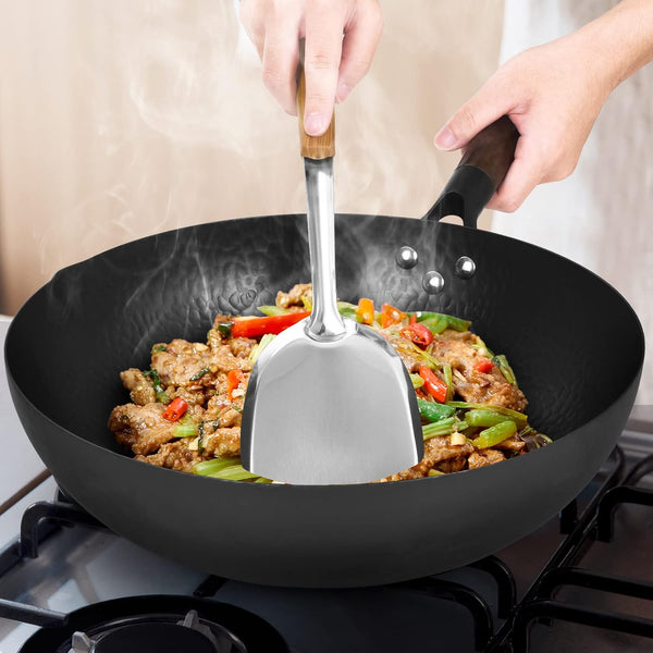 Hand Hammered Carbon Steel Wok, Wooden Lid Asian Spatula with Handle - Stir Fry Pan for Chinese, Japanese, and Cantonese Cuisine – Flat Bottom Wok Cooking by Cookeries / 2 Accessories6