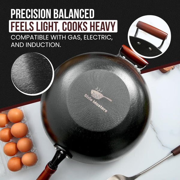 Pre-Seasoned Cast Iron Nonstick Stir-Fry Pan | Dual Handles & 4 Spatulas | Flat Bottom Wok with Wooden Lid & Wood Handle | Traditional Chinese Induction Wok (34Cm)3