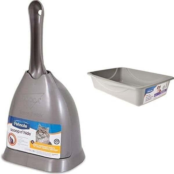 Petmate Scoop N' Hide Cat Litter Scoop with Holder in Brushed Nickel & Small Blue/Gray Litter Pan Bundle1