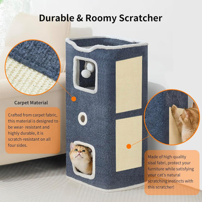 Cat House, Cat Beds for Indoor Cats, 3-Story Cat Condo Cube with Scratch Pad and Fluffy Ball Hanging, Multi-Level Cozy Hideout Center Ideal for Small/Medium Cats3
