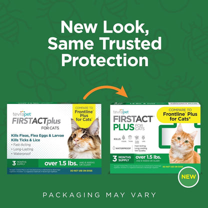 Tevrapet Firstact plus Flea and Tick Topical for Cats over 1.5Lbs, 3 Dose Waterproof Flea and Tick Control/Prevention for 3 Months2