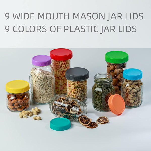 9 Wide Mouth Mason Jar Lids with Silicone Ring,Thickened Leak-Proof Lids Fit Ball,Kerr and More, 9 Color Plastic Lids, 86Mm Plastic Mason Jar Lids4