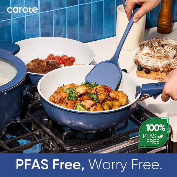 27Pcs Ceramic Cookware Set, Pots and Pans Set with Detachable Handle | Non-Stick, Non-Toxic, PFAS and PFOA Free, Induction Compatible, Dishwasher & Oven Safe, Space Saving, Camping Cooking, Blue7