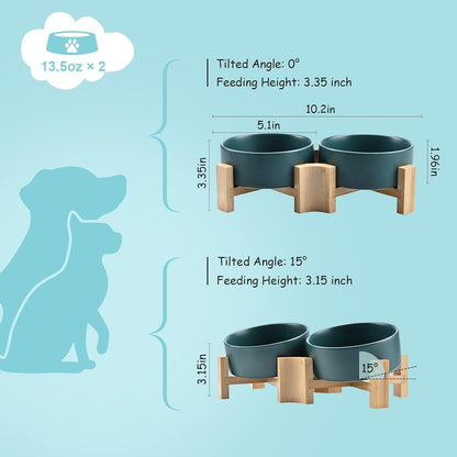 SPUNKYJUNKY 15° Slanted Ceramic Dog and Cat Bowl with Wooden Stand, Tilted Bulldog Food and Water Bowl No Slip Non-Spill for Cats Medium Dogs Big Face Pets 13.5 OZ (1.7 Cups, Green × 2)4