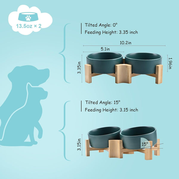 SPUNKYJUNKY 15° Slanted Ceramic Dog and Cat Bowl with Wooden Stand, Tilted Bulldog Food and Water Bowl No Slip Non-Spill for Cats Medium Dogs Big Face Pets 13.5 OZ (1.7 Cups, Green × 2)4