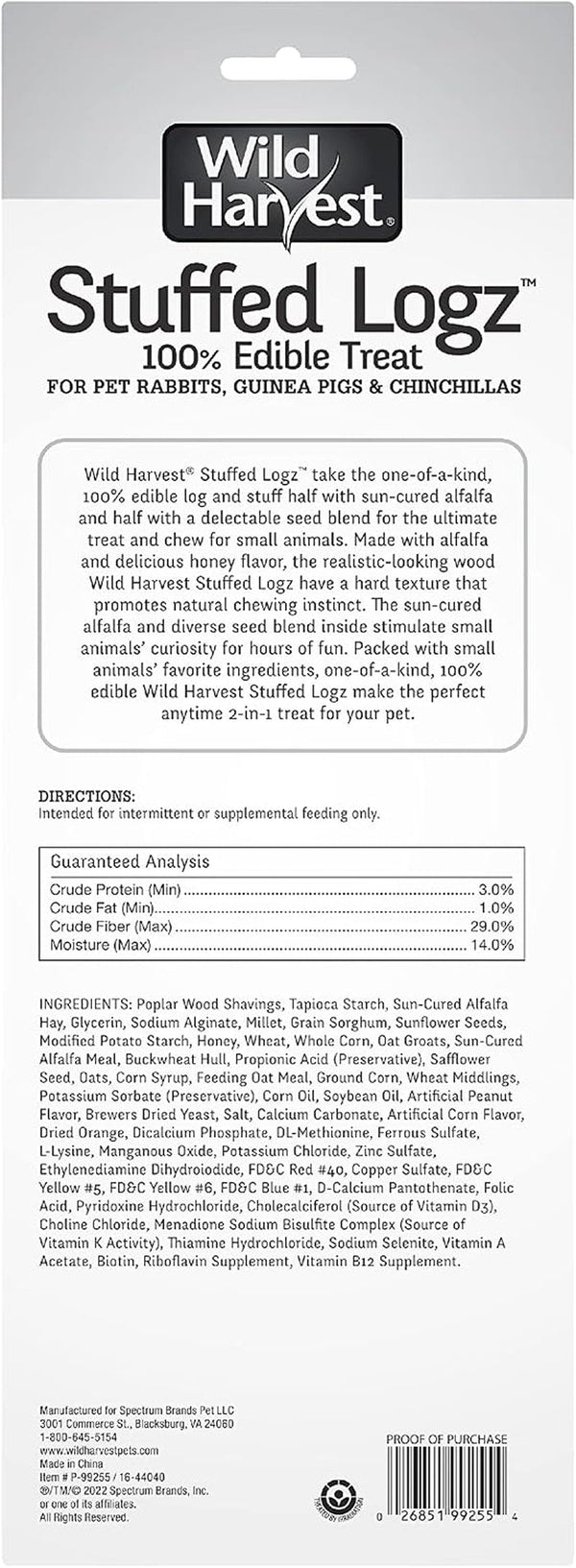 Wild Harvest Stuffed Logz 1 Count, Edible Treat for Rabbits, Guinea Pigs and Chinchillas, Artificial Peanut Butter Flavor2